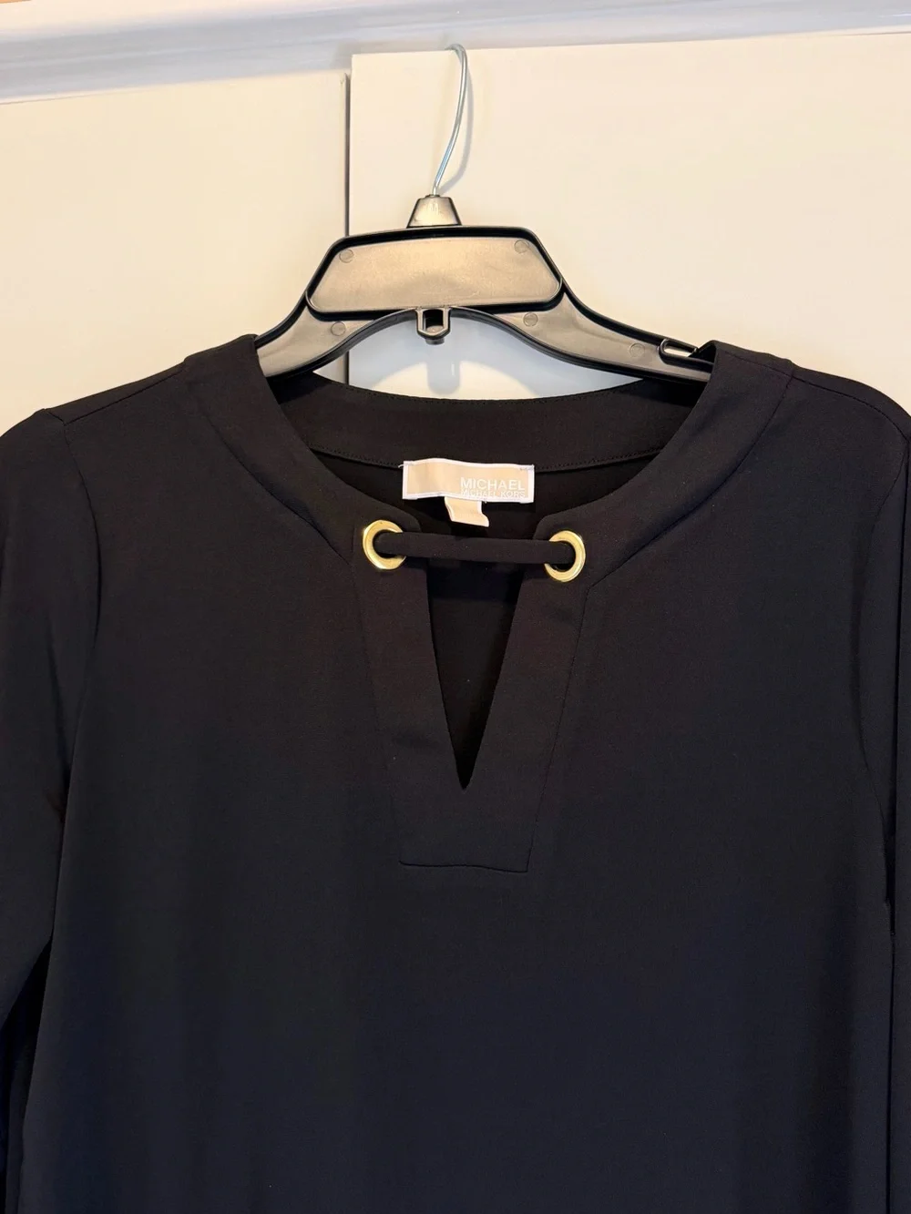 Michael Kors Black Long Sleeve V-Neck Top with Gold Eyelets
